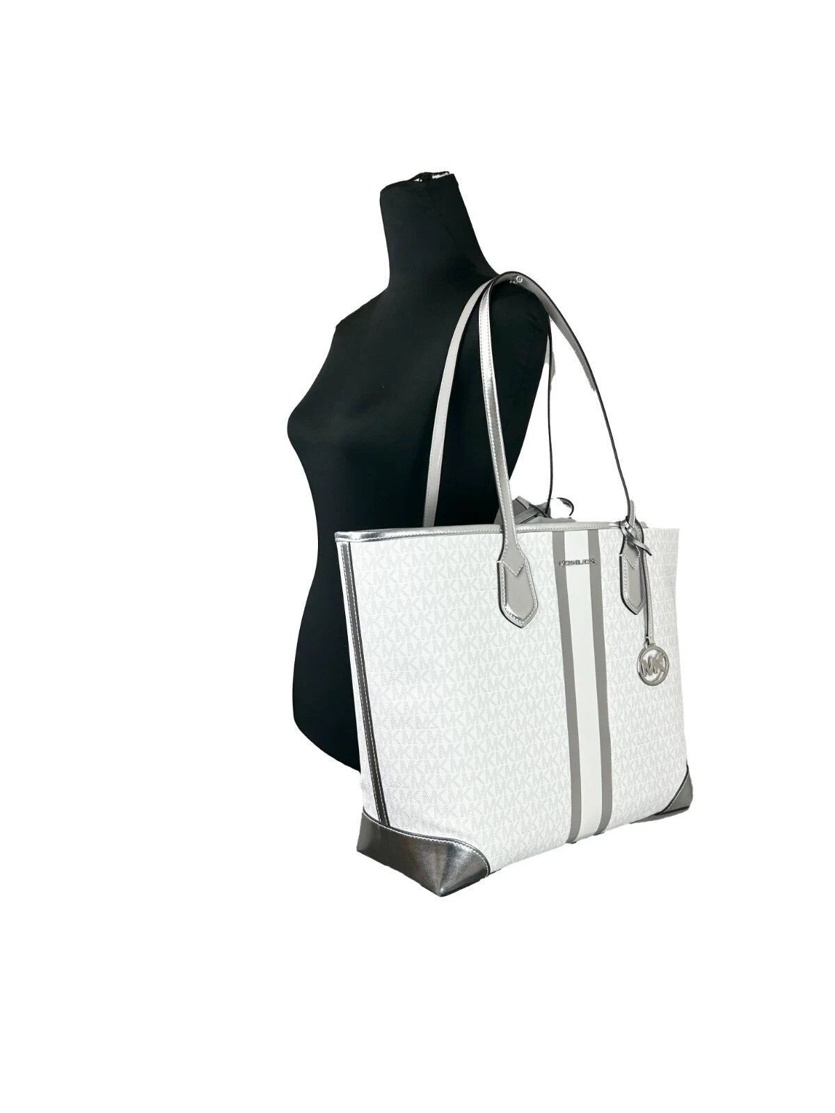 Michael Kors Eva Large Stripe Travel Tote Bag Plus Pouch Weiß